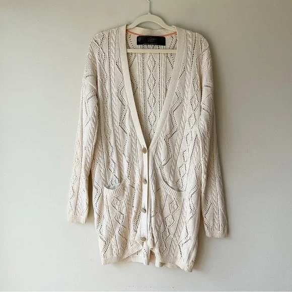 Free People New Romantics Bang Bang Knit Gold Thread Fisherman Cardigan Size S - Picture 4 of 12